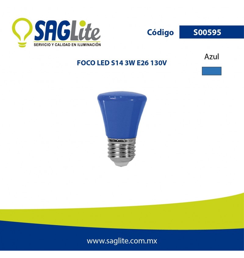 Saglite,Foco Led S14 3 W 130 V E26 Azul, S00595, SAGS00595