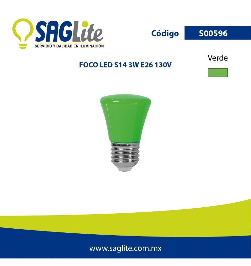 Saglite,Foco Led S14 3 W 130 V E26 Verde, S0596, SAGS00596