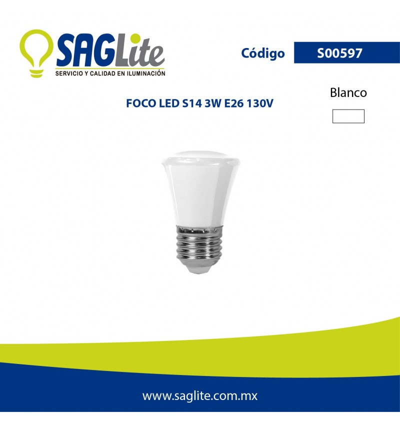Saglite,Foco Led S14 3 W 130 V E26 Blanco, S00597, SAGS00597