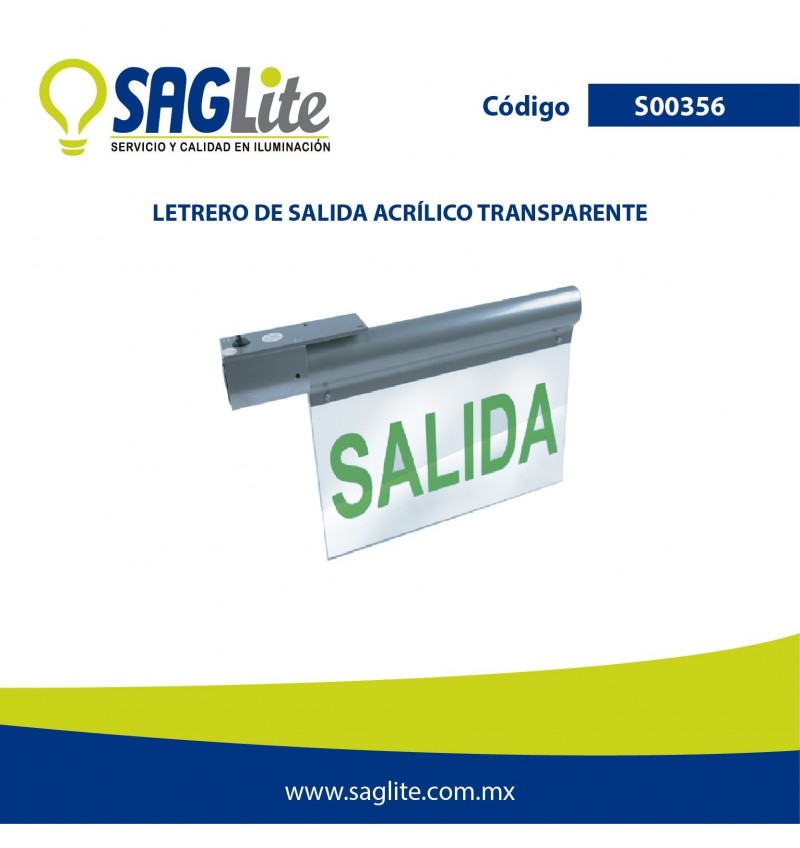 Saglite,Emergencia letrero de salida acrilico transparente 100-277V, S00356, SAGS00356