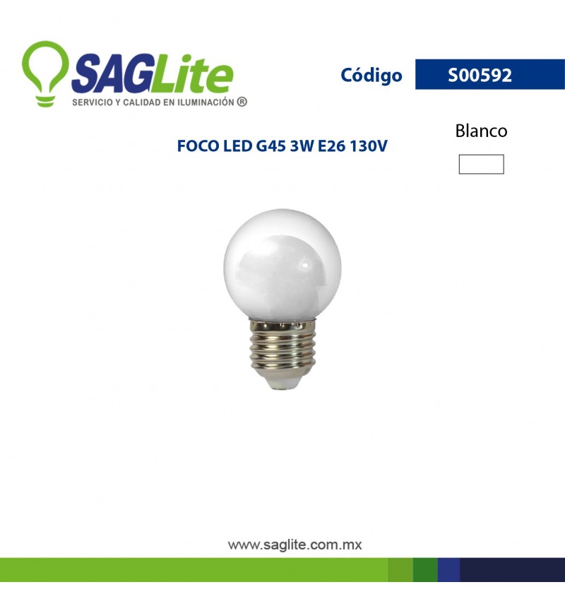 Saglite,Foco Led G45 3 W 120 V E26 Blanco, S00592, SAGS00592